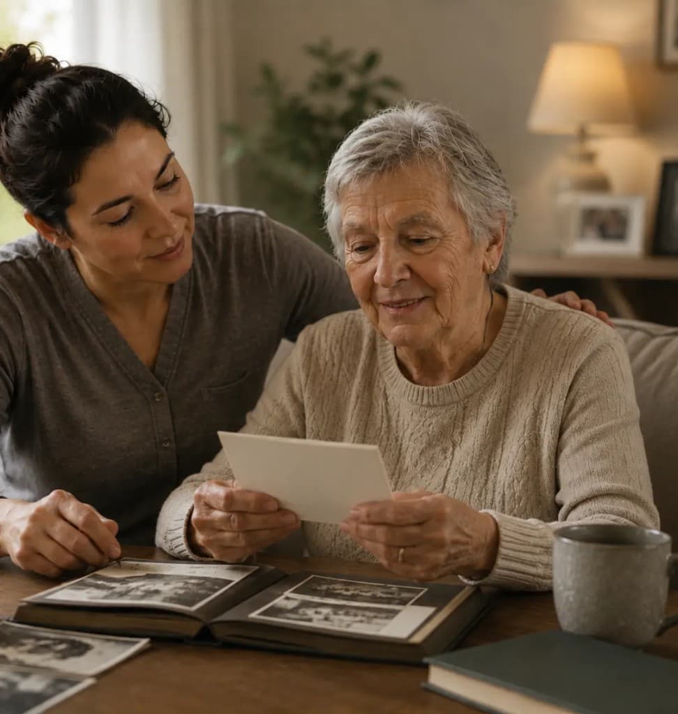 A senior reviewing memory and cognitive stimulation activities with an RT at home