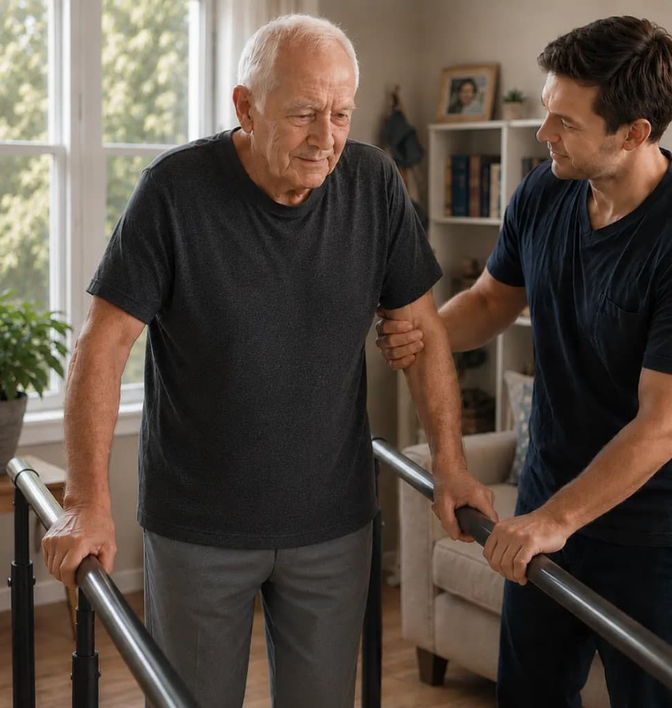 A Rehabilitation Support Therapist guiding a senior through strength exercises at home