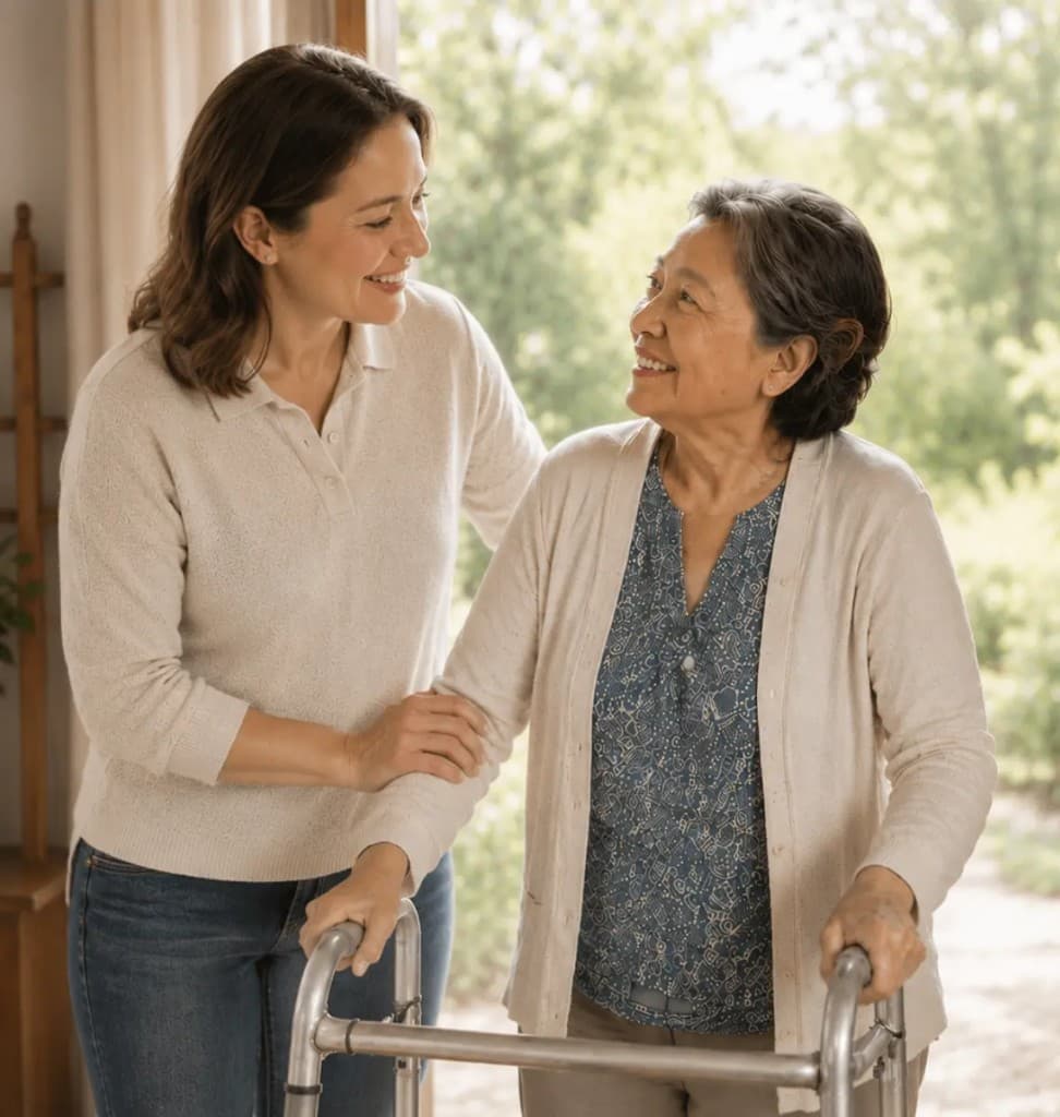 An RST supporting a senior with a walker, helping build mobility and balance confidence