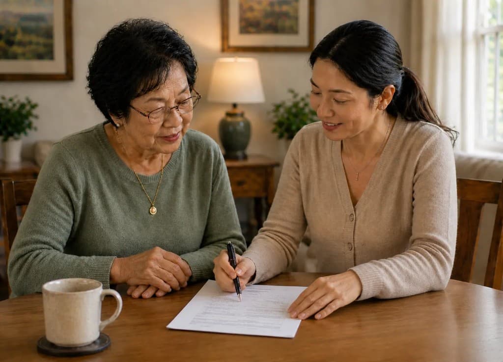 An RST reviewing a personalized rehabilitation plan with a senior at their kitchen table