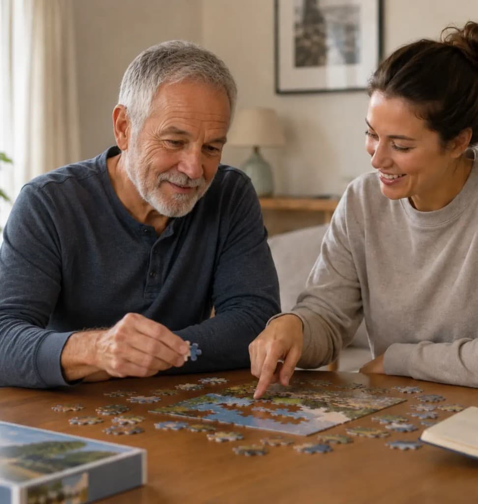 A Rehabilitation Support Therapist reviewing a personalized care plan with a senior client